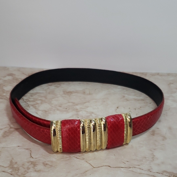 Vintage Red Snake Skin and Gold Women's Belt Leather Shop S - Picture 1 of 4